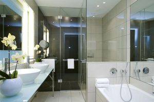 vessel sinks on vanity in bathroom